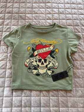 Ed Hardy Olive Green Kids Tee with Red Heart Skull Graphic